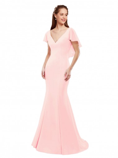 Long Flutter Sleeves Soft Chiffon Pink Mermaid Bridesmaid Dress Colchester