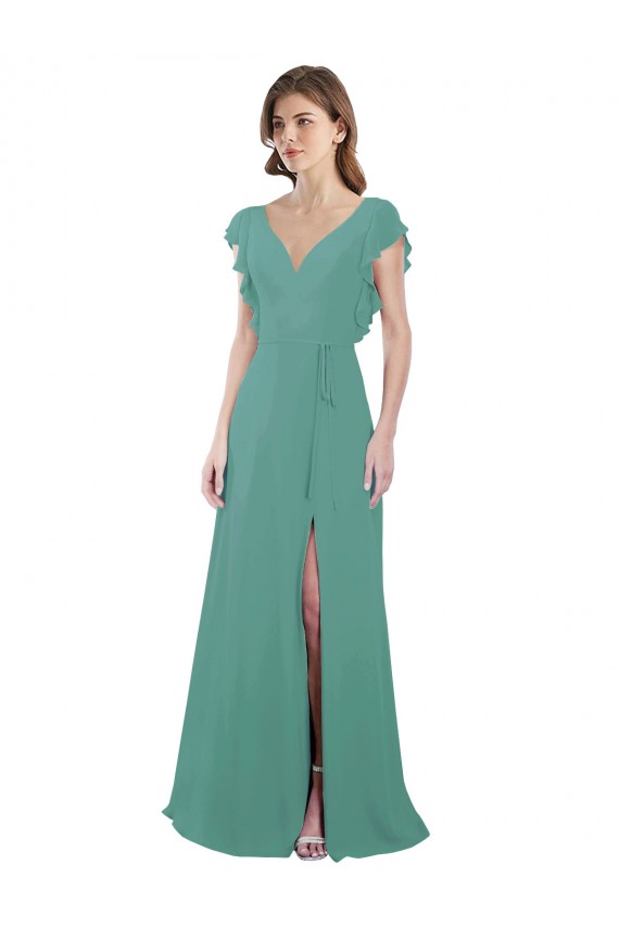 Long Cap Sleeves Soft Chiffon Icelandic Silver A-Line Formal Dress / Bridesmaid Dress Colchester