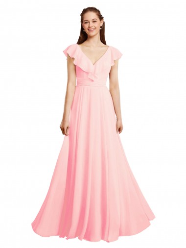 Long Cap Sleeves Chiffon Pink A-Line Bridesmaid Dress / Evening Gowns Colchester