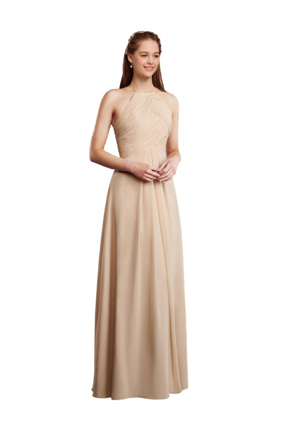 Long Sleeveless Soft Chiffon Champagne Halter Neck A-Line Bridesmaid Dress Colchester