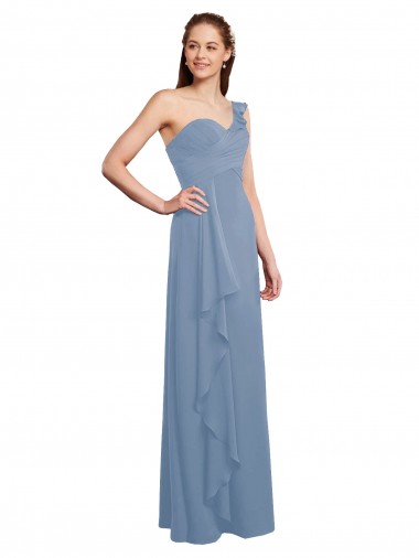 Long Sleeveless Chiffon Dusty Blue One Shoulder A-Line Formal Dress / Bridesmaid Dress Colchester
