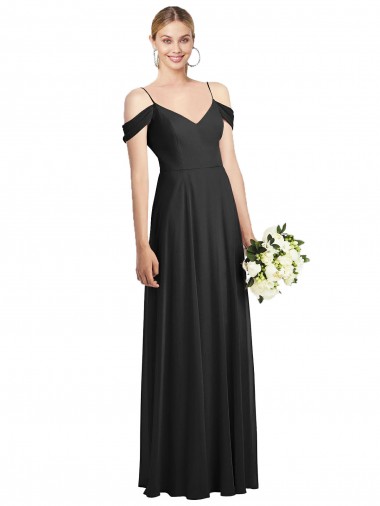 Long Cold Shoulder Soft Chiffon Black A-Line Semi Formal Evening Dress / Bridesmaid Dress Colchester