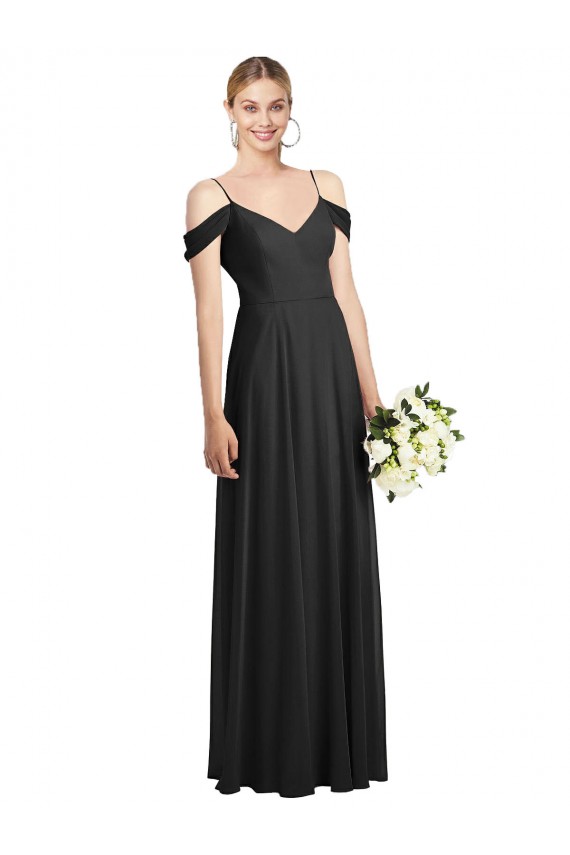 Long Cold Shoulder Soft Chiffon Black A-Line Semi Formal Evening Dress / Bridesmaid Dress Colchester