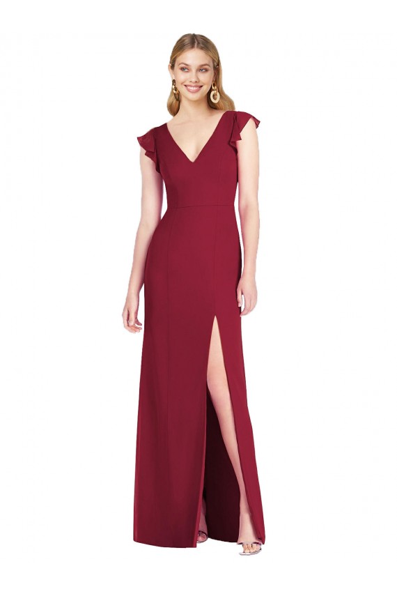 Long Ruffle Sleeves Soft Chiffon Burgundy Mermaid Bridesmaid Dress Colchester
