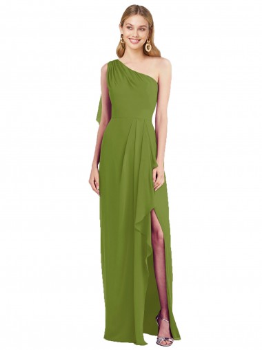Long Sleeveless Soft Chiffon Olive Green One Shoulder Trumpet Bridesmaid Dress Colchester