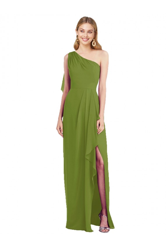 Long Sleeveless Soft Chiffon Olive Green One Shoulder Trumpet Bridesmaid Dress Colchester