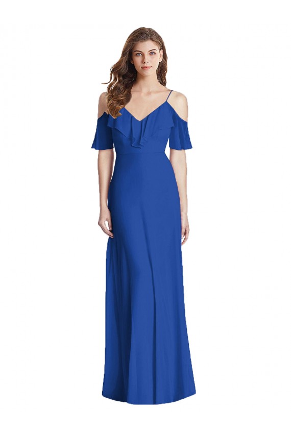 Long Cold Shoulder Soft Chiffon Royal Blue Trumpet Semi Formal Evening Dress / Bridesmaid Dress Colchester