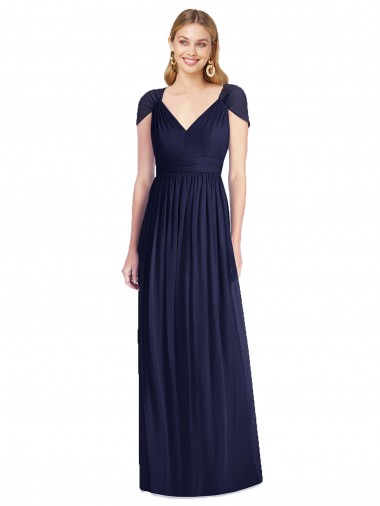 Long Cap Sleeves Soft Chiffon Dark Navy Trumpet Bridesmaid Dress Colchester
