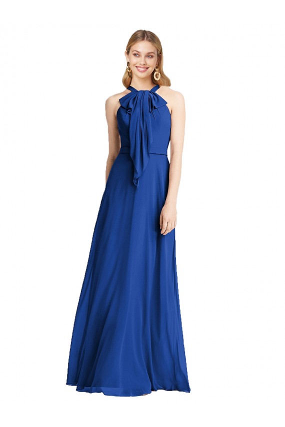 Long Sleeveless Soft Chiffon Royal Blue Halter Neck A-Line Bridesmaid Dress Colchester