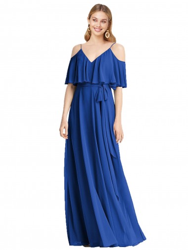 Long Cold Shoulder Chiffon Royal Blue A-Line Bridesmaid Dress Colchester