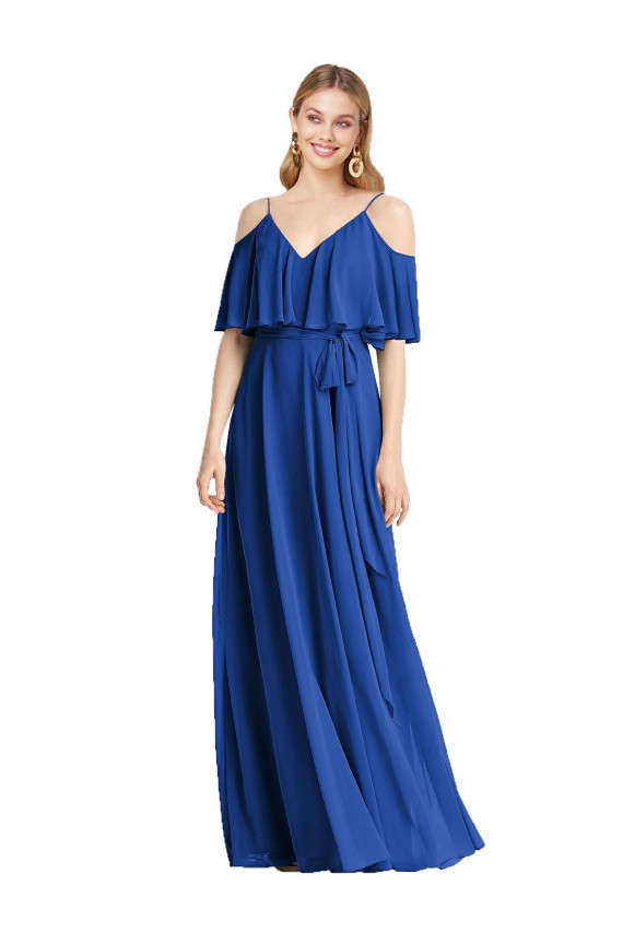 Long Cold Shoulder Chiffon Royal Blue A-Line Bridesmaid Dress Colchester