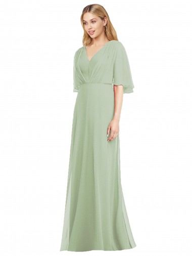 Long Flutter Sleeves Soft Chiffon Smoke Green Trumpet Bridesmaid Dress Colchester