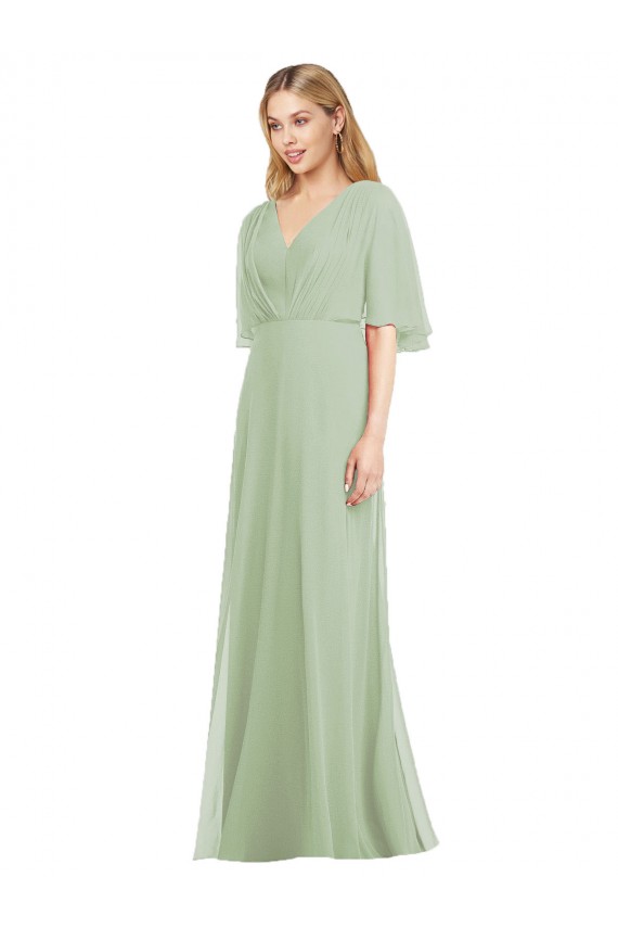 Long Flutter Sleeves Soft Chiffon Smoke Green Trumpet Bridesmaid Dress Colchester