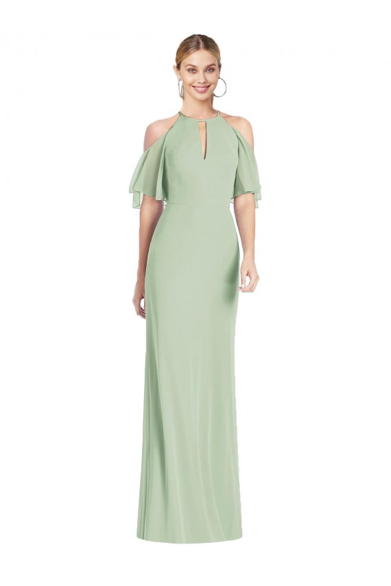 Long Cold Shoulder Soft Chiffon Sage Mermaid Semi Formal Evening Dress / Bridesmaid Dress Colchester