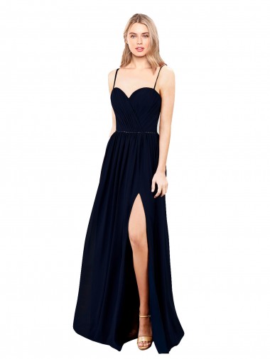 Long Sleeveless Soft Chiffon Dark Navy Spaghetti Straps A-Line Formal Evening Gown / Bridesmaid Dress Colchester