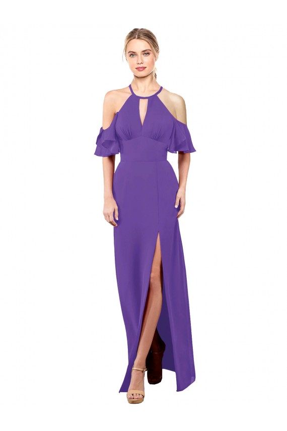Long Ruffle Sleeves Soft Chiffon Purple A-Line Bridesmaid Dress Colchester