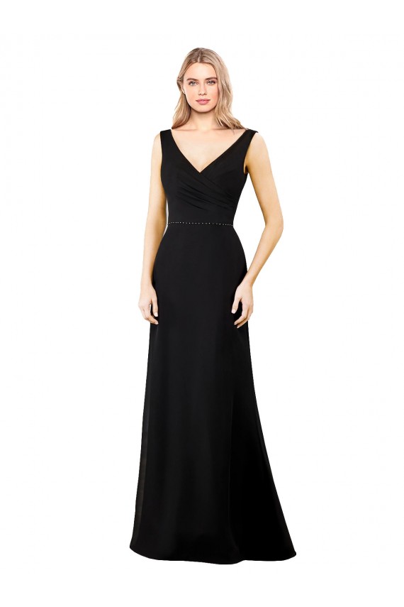 Long Sleeveless Soft Chiffon Black V-Neck A-Line Prom Dress / Bridesmaid Dress Colchester
