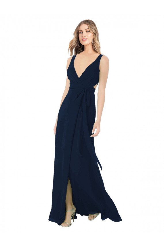 Long Sleeveless Chiffon Dark Navy V-Neck A-Line Bridesmaid Dress / Evening Dress Colchester