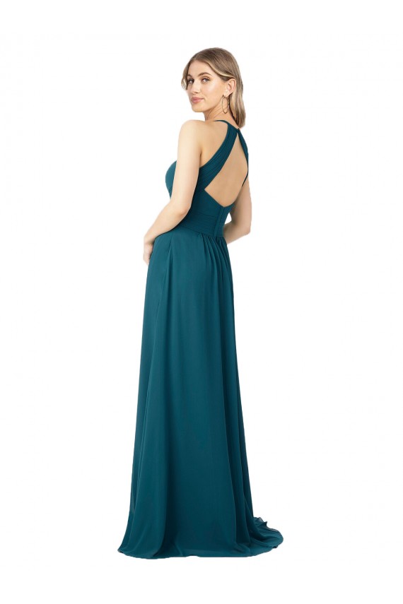 Long Sleeveless Soft Chiffon Windsor Blue High Neck A-Line Bridesmaid Dress Colchester