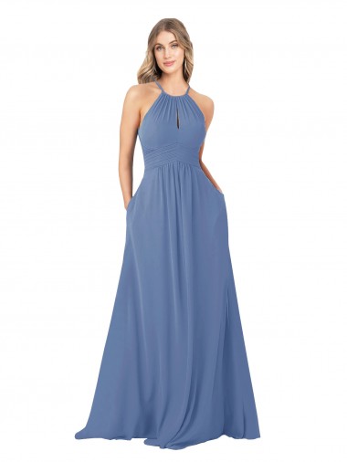 Long Sleeveless Soft Chiffon Windsor Blue High Neck A-Line Bridesmaid Dress Colchester