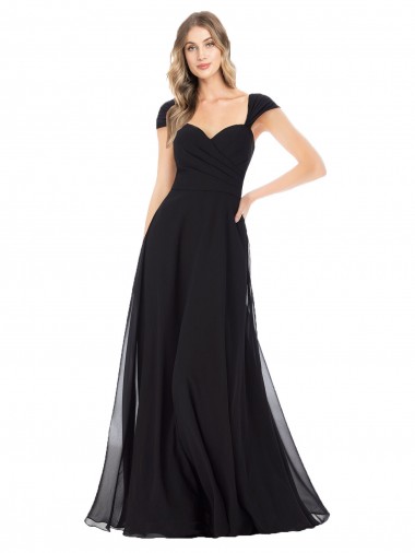 Long Cap Sleeves Soft Chiffon Black A-Line Bridesmaid Dress Colchester