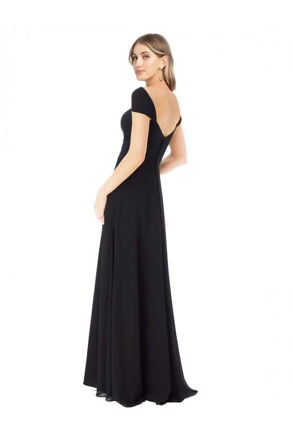 Long Cap Sleeves Soft Chiffon Black A-Line Bridesmaid Dress Colchester