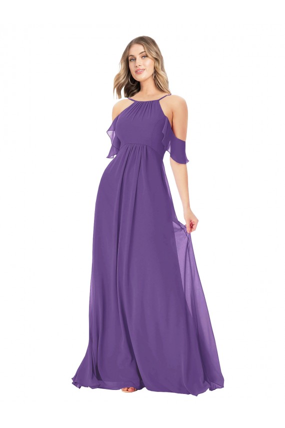 Long Cold Shoulder Soft Chiffon Plum Purple A-Line Bridesmaid Dress Colchester
