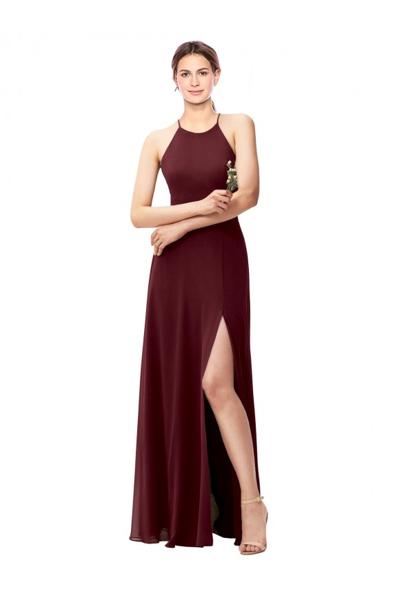 Long Sleeveless Soft Chiffon Burgundy Gold Halter Neck A-Line Bridesmaid Dress Colchester