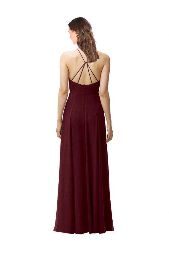 Long Sleeveless Soft Chiffon Burgundy Gold Halter Neck A-Line Bridesmaid Dress Colchester