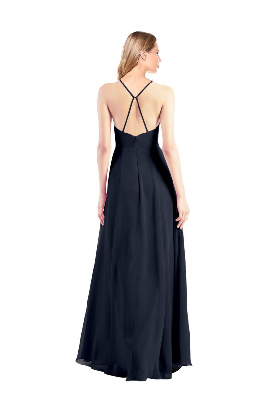 Long Sleeveless Soft Chiffon Dark Navy V-Neck A-Line Prom Dress / Bridesmaid Dress Colchester