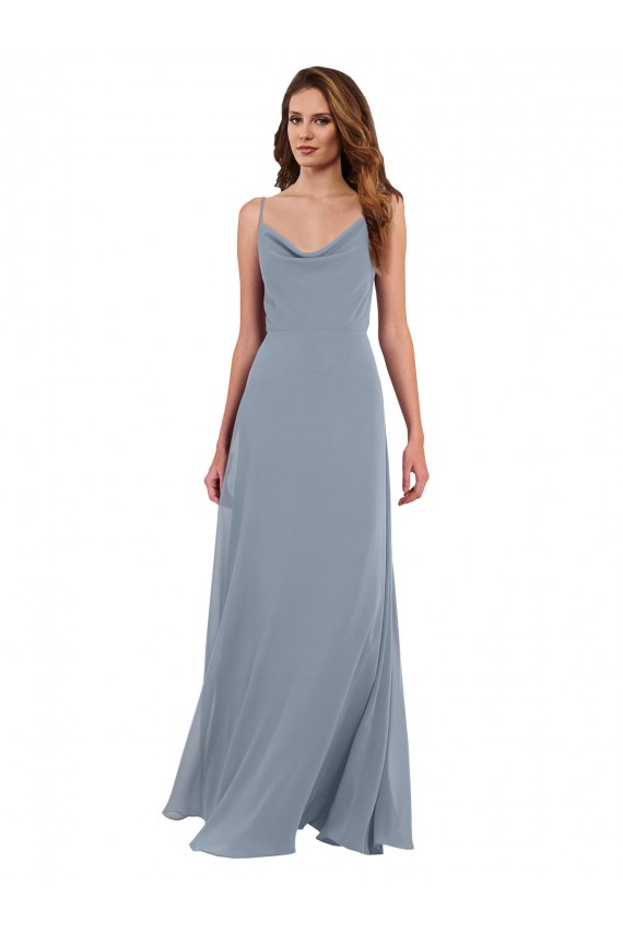 Long Sleeveless Soft Chiffon Dusty Blue Cowl Neck A-Line Formal Dress / Bridesmaid Dress Colchester