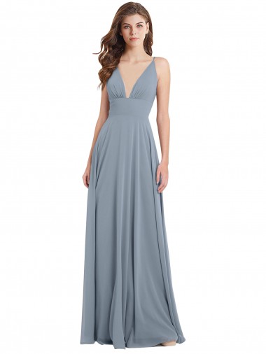 Long Sleeveless Chiffon Dusty Blue V-Neck A-Line Bridesmaid Dress / Evening Gowns Colchester