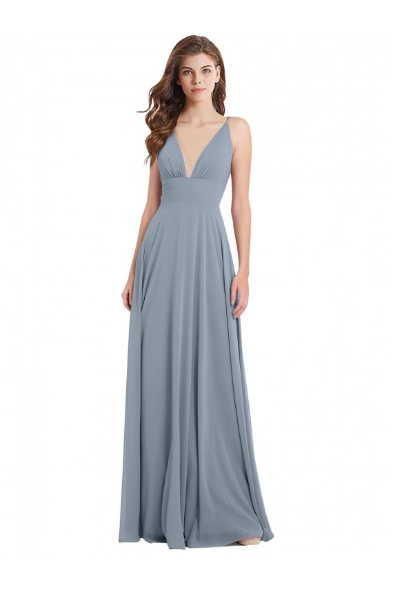 Long Sleeveless Chiffon Dusty Blue V-Neck A-Line Bridesmaid Dress / Evening Gowns Colchester
