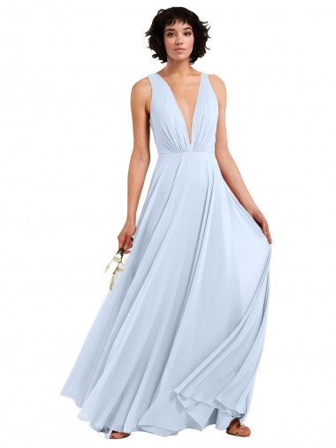 Long Sleeveless Soft Chiffon Light Sky Blue V-Neck A-Line Bridesmaid Dresses Colchester
