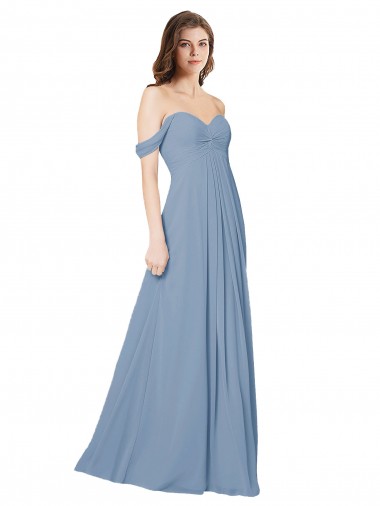 Long Sleeveless Chiffon Dusty Blue Sweetheart A-Line Wedding Party Dress Colchester