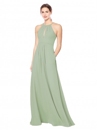 Long Sleeveless Soft Chiffon Smoke Green Halter Neck A-Line Bridesmaid Dress Colchester