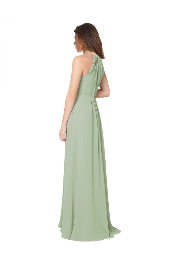 Long Sleeveless Soft Chiffon Smoke Green Halter Neck A-Line Bridesmaid Dress Colchester