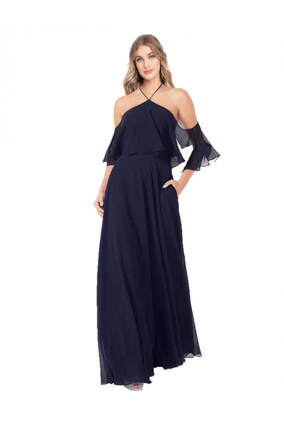 Long Flutter Sleeves Soft Chiffon Dark Navy A-Line Formal Dress / Bridesmaid Dress Colchester