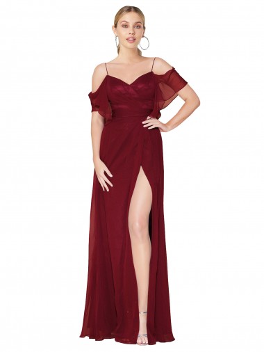 Long Cold Shoulder Soft Chiffon Burgundy Trumpet Formal Evening Gown / Prom Dress / Bridesmaid Dress Colchester