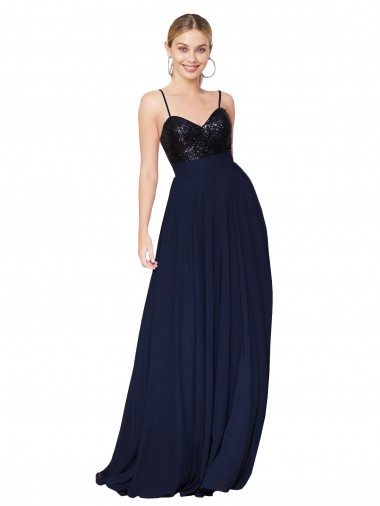 Long Sleeveless Soft Chiffon & Sequin Dark Navy A-Line Semi Formal Evening Dress / Prom Dress / Bridesmaid Dress Colchester