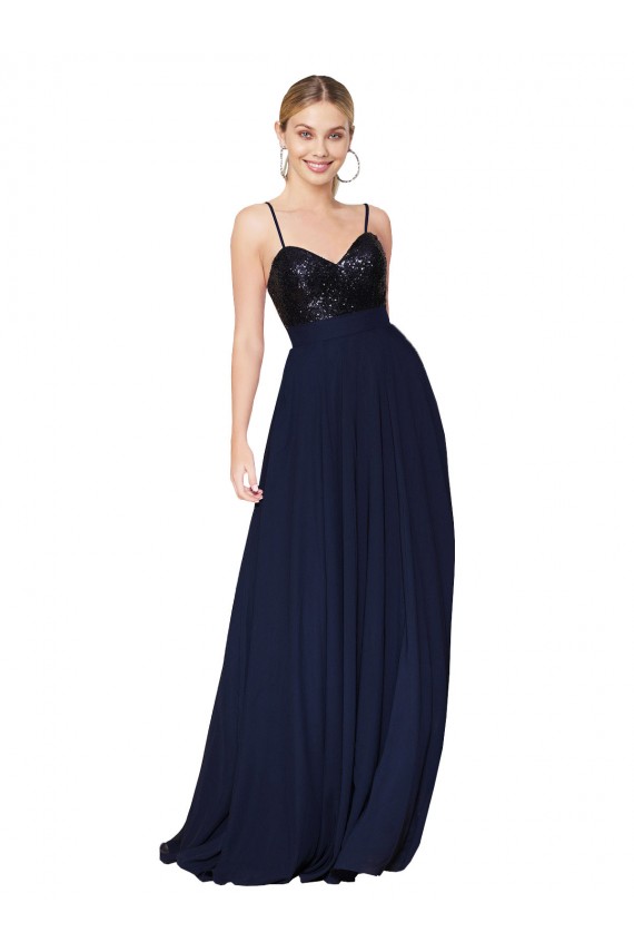 Long Sleeveless Soft Chiffon & Sequin Dark Navy A-Line Semi Formal Evening Dress / Prom Dress / Bridesmaid Dress Colchester