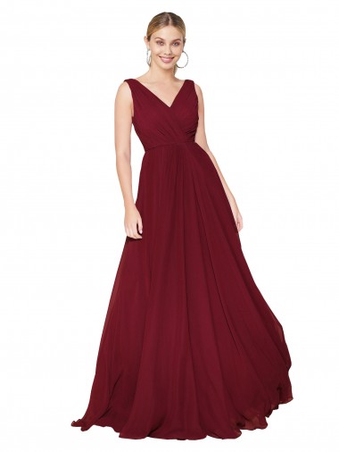 Long Sleeveless Soft Chiffon Burgundy V-Neck A-Line Prom Dresses Colchester