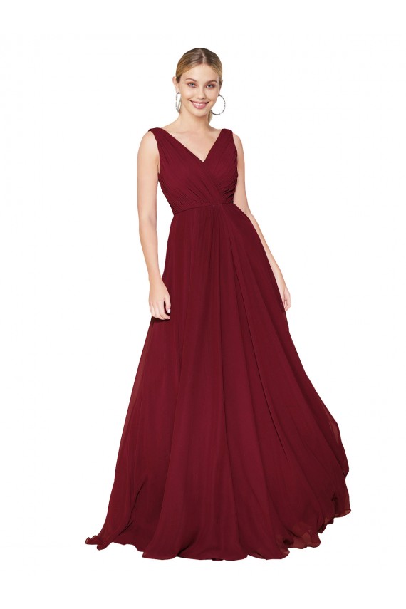 Long Sleeveless Soft Chiffon Burgundy V-Neck A-Line Prom Dresses Colchester
