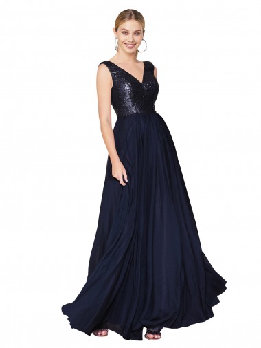 Long Sleeveless Soft Chiffon & Sequin Dark Navy A-Line Semi Formal Evening Gown / Prom Dress / Bridesmaid Dress Colchester