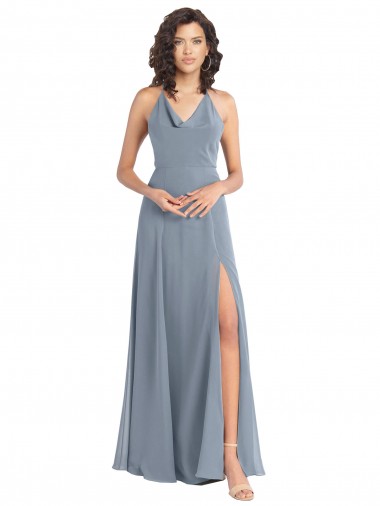 Long Sleeveless Soft Chiffon Dusty Blue Halter Neck A-Line Bridesmaid Dress Colchester