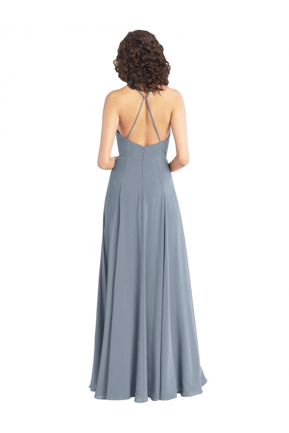 Long Sleeveless Soft Chiffon Dusty Blue Halter Neck A-Line Bridesmaid Dress Colchester