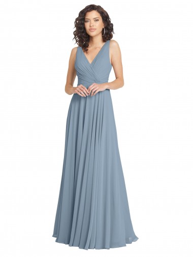 Long Sleeveless Soft Chiffon Dusty Blue V-Neck A-Line Bridesmaid Dress Colchester