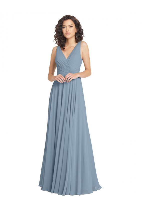 Long Sleeveless Soft Chiffon Dusty Blue V-Neck A-Line Bridesmaid Dress Colchester