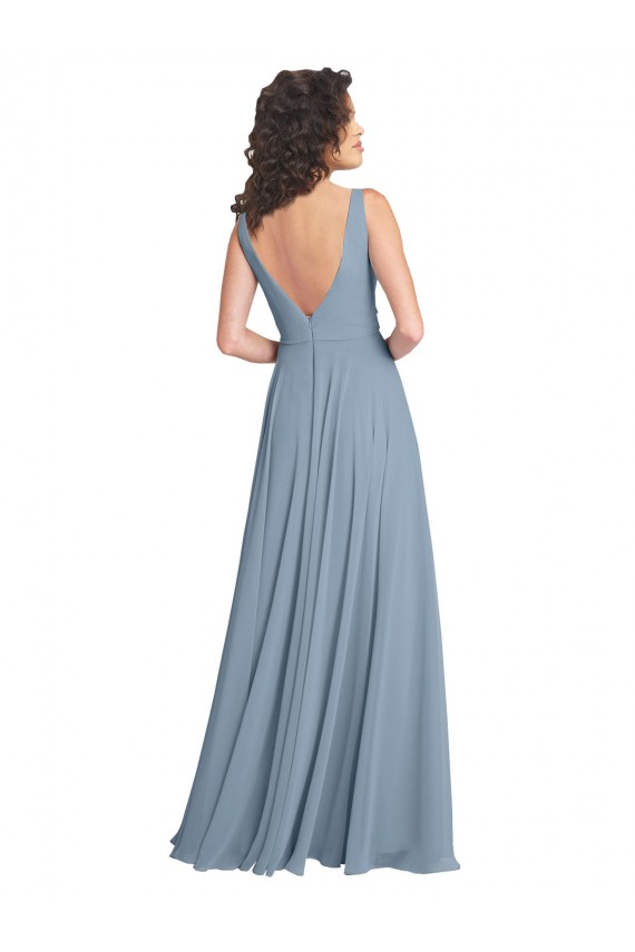 Long Sleeveless Soft Chiffon Dusty Blue V-Neck A-Line Bridesmaid Dress Colchester