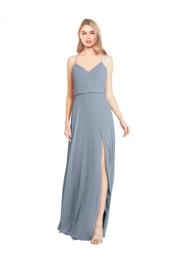 Long Sleeveless Soft Chiffon Dusty Blue A-Line Bridesmaid Gowns Colchester